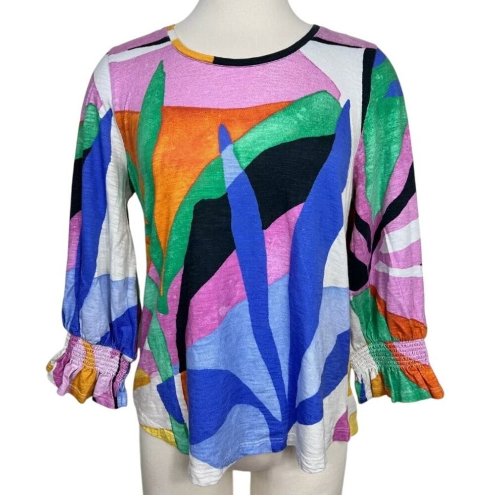 Chico’s Womens Tropical Block Print 3/4 Balloon Sleeve Top Size 1/Medium Travel